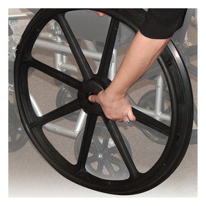 Poly-Fly Transport Chair is available with 18" or 20" wide seat|Large self-propelling wheels are easy to remove|Quick-release push button allows for easy removal of wheels