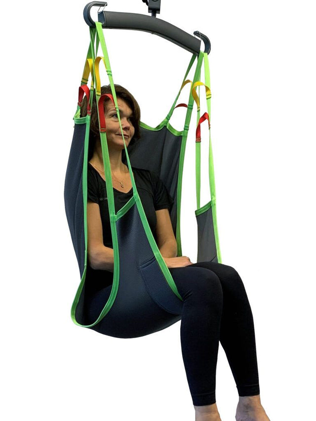 Comfort Sling with Soft Air Mesh by Human Care - Front|Comfort Sling with Soft Air Mesh by Human Care - Side|Comfort Sling with Soft Air Mesh by Human Care - Back|Human Care Sling Sizing Guide