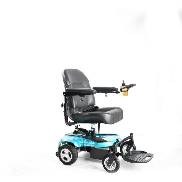 EZ Go Deluxe |EZ-GO Travel Power Wheelchair by Merits in Blue|Easy to disassemble in three pieces for transport|Transport is a breeze with a folding seat and two frame pieces||Ez Go Deluxe Side View 2|EZ GO Deluxe Side View||