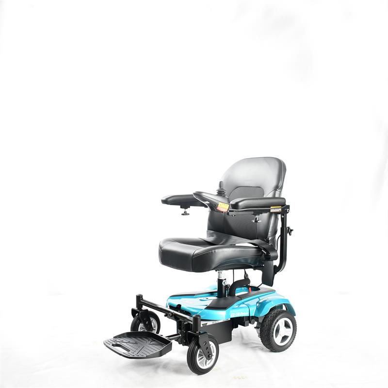 EZ Go Deluxe |EZ-GO Travel Power Wheelchair by Merits in Blue|Easy to disassemble in three pieces for transport|Transport is a breeze with a folding seat and two frame pieces||Ez Go Deluxe Side View 2|EZ GO Deluxe Side View||