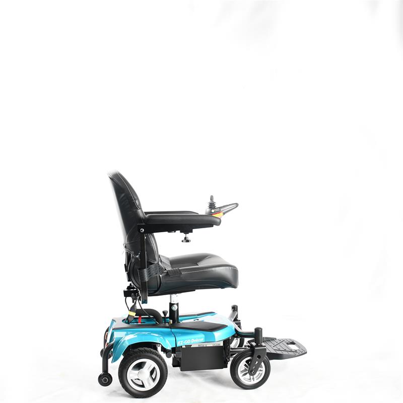 EZ Go Deluxe |EZ-GO Travel Power Wheelchair by Merits in Blue|Easy to disassemble in three pieces for transport|Transport is a breeze with a folding seat and two frame pieces||Ez Go Deluxe Side View 2|EZ GO Deluxe Side View||