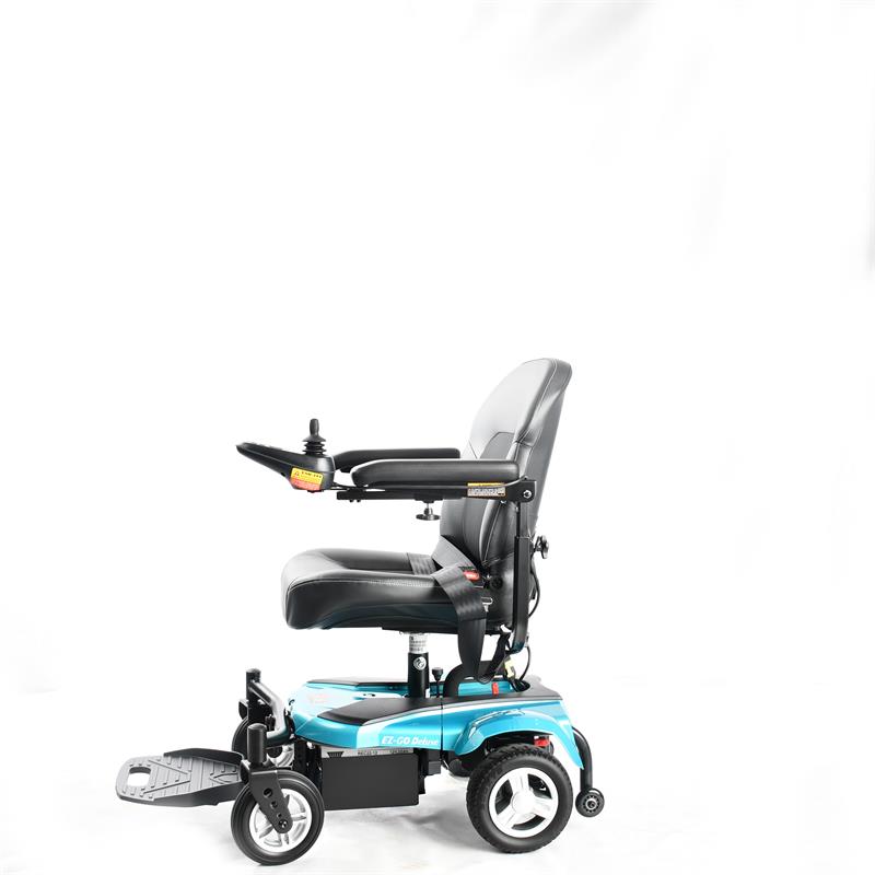 EZ Go Deluxe |EZ-GO Travel Power Wheelchair by Merits in Blue|Easy to disassemble in three pieces for transport|Transport is a breeze with a folding seat and two frame pieces||Ez Go Deluxe Side View 2|EZ GO Deluxe Side View||