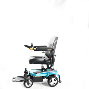 EZ Go Deluxe |EZ-GO Travel Power Wheelchair by Merits in Blue|Easy to disassemble in three pieces for transport|Transport is a breeze with a folding seat and two frame pieces||Ez Go Deluxe Side View 2|EZ GO Deluxe Side View||