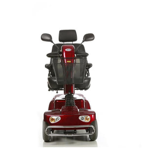 Merits Pioneer 4 4-Wheel Scooter in Red|Front view of Merits Pioneer 4 4-Wheel Scooter in Red|Dashboard/Control panel of the Pioneer 4 by Merits|Optional Cane Holder|Optional Canopy without foldable basket|Optional Oxygen Tank Holder|Optional Walker Holder|Optional Foldable Rear Basket|Optional Foldable Rear Basket|Optional Black Weather Cover