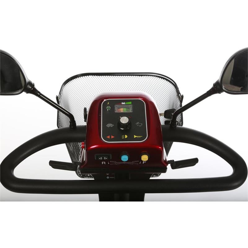 Merits Pioneer 4 4-Wheel Scooter in Red|Front view of Merits Pioneer 4 4-Wheel Scooter in Red|Dashboard/Control panel of the Pioneer 4 by Merits|Optional Cane Holder|Optional Canopy without foldable basket|Optional Oxygen Tank Holder|Optional Walker Holder|Optional Foldable Rear Basket|Optional Foldable Rear Basket|Optional Black Weather Cover