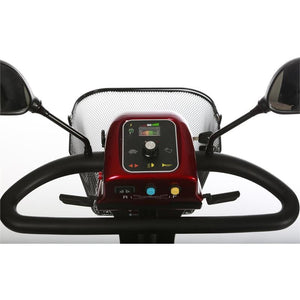 Merits Pioneer 4 4-Wheel Scooter in Red|Front view of Merits Pioneer 4 4-Wheel Scooter in Red|Dashboard/Control panel of the Pioneer 4 by Merits|Optional Cane Holder|Optional Canopy without foldable basket|Optional Oxygen Tank Holder|Optional Walker Holder|Optional Foldable Rear Basket|Optional Foldable Rear Basket|Optional Black Weather Cover