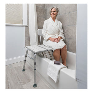 Splash Defense Transfer Bench by Drive Medical|Back view of the Splash Defense Transfer Bench by Drive Medical|Bottom view of the Splash Defense Transfer Bench by Drive Medical|Splash Defense Transfer Bench by Drive Medical is reversible