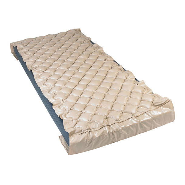 Med-Aire Alternating Pressure Pump and Pad System on mattress|Med Air Alt. Pressure Pump and Pad System Variable Pump and Pad w/ End Flap|Pressure pump is easy to use and hooks to end of bed for easy access|Med-Aire Alternating Pressure Pump and Pad System end flaps out