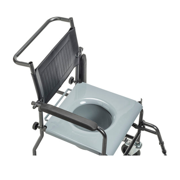 Portable Upholstered Wheeled Drop Arm Commode is fully knock-down|Drop arms make transfers easy|Commode seat is wide and made from durable, easy to clean plastic|All casters lock for safe transfers and bathing