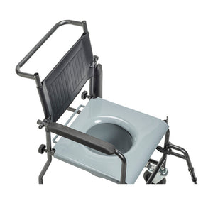 Portable Upholstered Wheeled Drop Arm Commode is fully knock-down|Drop arms make transfers easy|Commode seat is wide and made from durable, easy to clean plastic|All casters lock for safe transfers and bathing