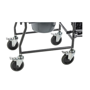 Portable Upholstered Wheeled Drop Arm Commode is fully knock-down|Drop arms make transfers easy|Commode seat is wide and made from durable, easy to clean plastic|All casters lock for safe transfers and bathing