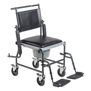 Portable Upholstered Wheeled Drop Arm Commode is fully knock-down|Drop arms make transfers easy|Commode seat is wide and made from durable, easy to clean plastic|All casters lock for safe transfers and bathing