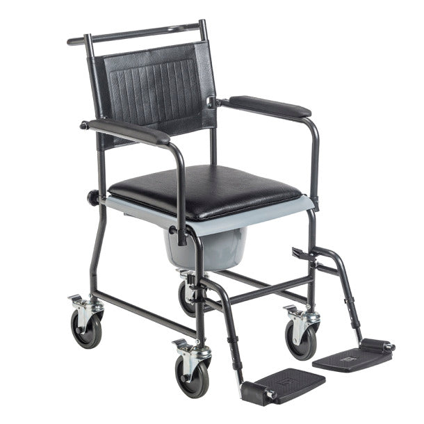 Portable Upholstered Wheeled Drop Arm Commode is fully knock-down|Drop arms make transfers easy|Commode seat is wide and made from durable, easy to clean plastic|All casters lock for safe transfers and bathing