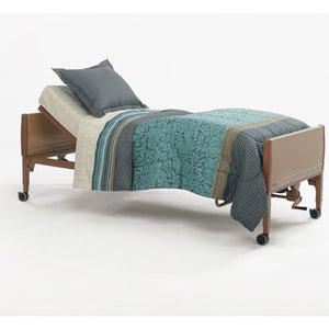 The Invacare Semi-Electric Bed provides motorized positioning of upper body, knees, manual bed height adjustment.|Optional Invacare Economy Foam Mattress|Optional Invacare Innerspring Mattress|Invacare Semi-Electric Hospital Bed with Bedding for home use