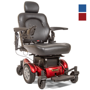 Compass HD Power Wheel Chair by Golden Technologies in Red|Compass HD Power Wheel Chair by Golden Technologies in Red and Blue|Back of seat has convenient storage pocket|Illuminated joystick is easy to use and controls speed, horn and power|Map of the parts of the Compass HD Power Wheel Chair