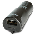 XLR USB Charger by Pride Mobility USB port|LED light shows users that it is properly plugged into unit|Three prongs in back of charger plug into Pride power scooter or wheelchair
