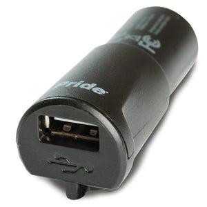 XLR USB Charger by Pride Mobility USB port|LED light shows users that it is properly plugged into unit|Three prongs in back of charger plug into Pride power scooter or wheelchair