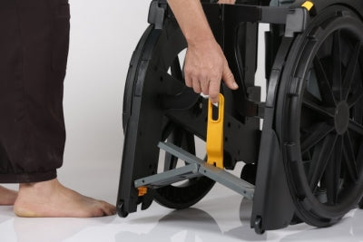 Footrest easily folds up when folding chair