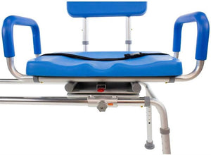 Chair is height adjustable and comes with a swivel seat|Backrest is height adjustable and seat swivels to transfer from either side|Lever under seat rotates seat to allow for transfers on either side|Adjustable lap belt comes standard|Bariatric Carousel Sliding Transfer Bench dimensions