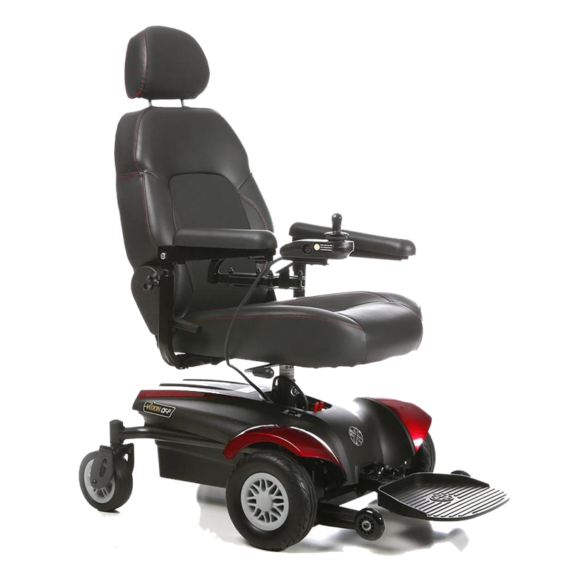 Vision CF Power Wheelchair by Merits|Can be disassembled for transport|Flip up foot platform  and anti-tipper front casters|Easy to use fixed in place joystick and speed control