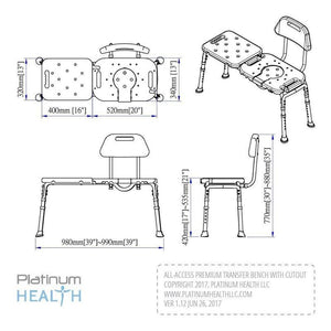 All-Access Bath Transfer Bench With Cutout in Blue|All-Access Bath Transfer Bench With Cutout in Gray|All-Access Bath Transfer Bench Without Cutout in Blue|All-Access Bath Transfer Bench With Cutout Dimensions|Benchmate Split Shower Curtain in Beige is Optional|Benchmate Split Shower Curtain in White is Optional