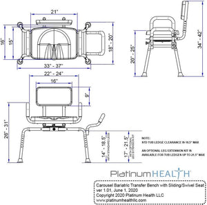 Chair is height adjustable and comes with a swivel seat|Backrest is height adjustable and seat swivels to transfer from either side|Lever under seat rotates seat to allow for transfers on either side|Adjustable lap belt comes standard|Bariatric Carousel Sliding Transfer Bench dimensions