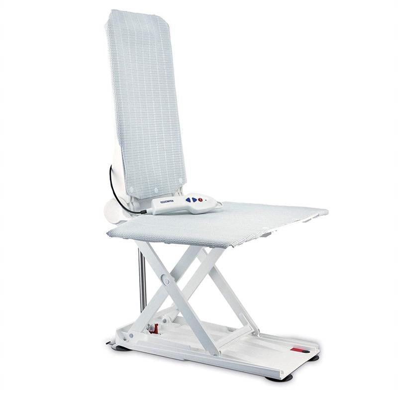Aquatec XL Heavy Duty Bath Lift|Hang your easy to use hand controller on the clasp on the back|Aquatec XL Heavy Duty Bath Lift sitting straight upward|Aquatec XL Heavy Duty Bath Lift easy to recline backward|Aquatec XL Heavy Duty Bath Lift reclined 40 degrees and emerged