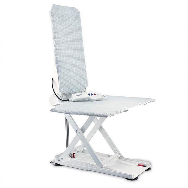 Aquatec XL Heavy Duty Bath Lift|Hang your easy to use hand controller on the clasp on the back|Aquatec XL Heavy Duty Bath Lift sitting straight upward|Aquatec XL Heavy Duty Bath Lift easy to recline backward|Aquatec XL Heavy Duty Bath Lift reclined 40 degrees and emerged