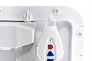 Aquatec XL Heavy Duty Bath Lift|Hang your easy to use hand controller on the clasp on the back|Aquatec XL Heavy Duty Bath Lift sitting straight upward|Aquatec XL Heavy Duty Bath Lift easy to recline backward|Aquatec XL Heavy Duty Bath Lift reclined 40 degrees and emerged