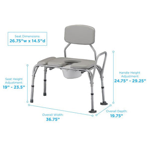 Nova Padded Transfer Bench with Commode|Side view of the Nova Padded Transfer Bench with Commode|Back view of the Side view of the Nova Padded Transfer Bench with Commode|Dimensions of the Nova Padded Transfer Bench with Commode