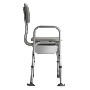 Nova Padded Transfer Bench with Commode|Side view of the Nova Padded Transfer Bench with Commode|Back view of the Side view of the Nova Padded Transfer Bench with Commode|Dimensions of the Nova Padded Transfer Bench with Commode