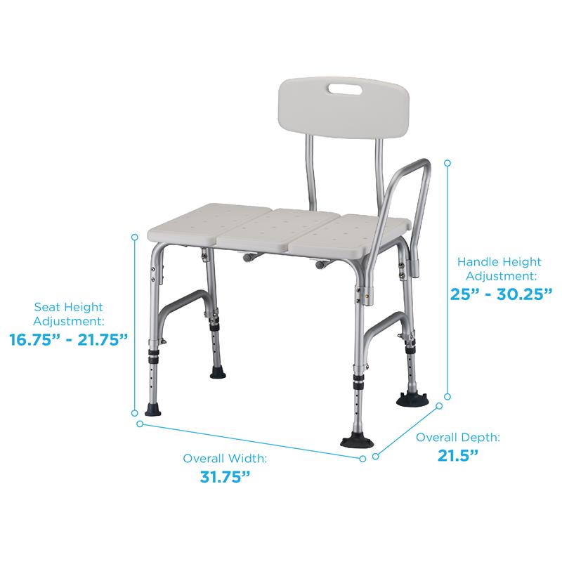 Nova Heavy Duty Transfer Bench|Side view of the Nova Heavy Duty Transfer Bench|Fixed arm, rubber and suction tips on legs|Back view Nova Heavy Duty Transfer Bench|Nova Heavy Duty Transfer Bench dimensions