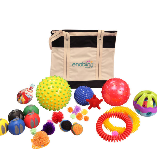 22 piece kit of sensory balls in many colors, textures and sizes for children and audits.