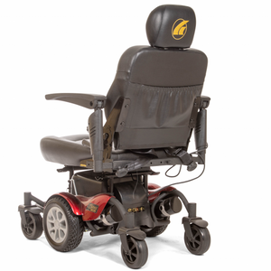 Compass HD Power Wheel Chair by Golden Technologies in Red|Compass HD Power Wheel Chair by Golden Technologies in Red and Blue|Back of seat has convenient storage pocket|Illuminated joystick is easy to use and controls speed, horn and power|Map of the parts of the Compass HD Power Wheel Chair