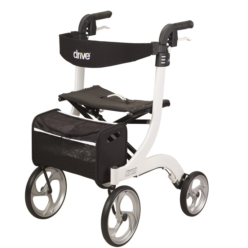 Nitro Aluminum Rollator by Drive Medical in black|Nitro Aluminum Rollator by Drive Medical in white|Nitro Aluminum Rollator by Drive Medical in red|Nitro Aluminum Rollator by Drive Medical in red folded for storage|Nitro Aluminum Rollator by Drive Medical in red back view
