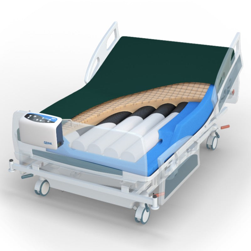 APM2 Deluxe Span America Pressure Mattress|Geo-Matt Style Foam Topper|PressureGuard APM2 Deluxe design|Pressure Guard Deluxe Mattress Shear Pressure Zones|Safety Edge Design|Switch for Alternating Pressure or Lateral Rotation|Digital Controller for APM2 Deluxe makes it easy to manage the options on the APM2.|Digital Control unit for the APM2 Deluxe unit|