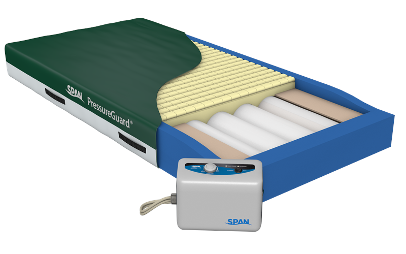 Pressure Guard Mattress|Presure Guard Bariatric APM therapy mattress supports up to  supports up to 750 pounds and designed to prevent skin breakdowns.|Span America PressureGuard Bariatric APM therapy mattress control panel for alternating pressure.|PressureGuard Bariatric APM firm side frame for easy transfers.|Digital Controller for APM bariatric|Safety Edge provides support for transfers|Geo Topper and heel slope for APM Bariatric