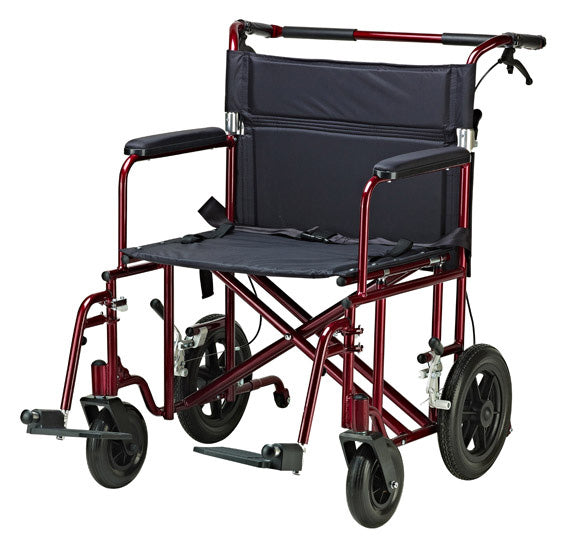 22" Bariatric Transport Chair with 12" Rear "Flat Free" Wheels, rated up to 450lbs, weighs only 33 lbs, adjustable leg support, swing-away footrests, convenient for storage.