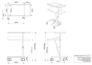 Acrobat Adjustable Overbed Table is great for working, eating or activities|Height adjustments can be made with an easy to access knob|Table comes with 4 locking casters|Diagram shows measurements and degree of tilt for Overbed table