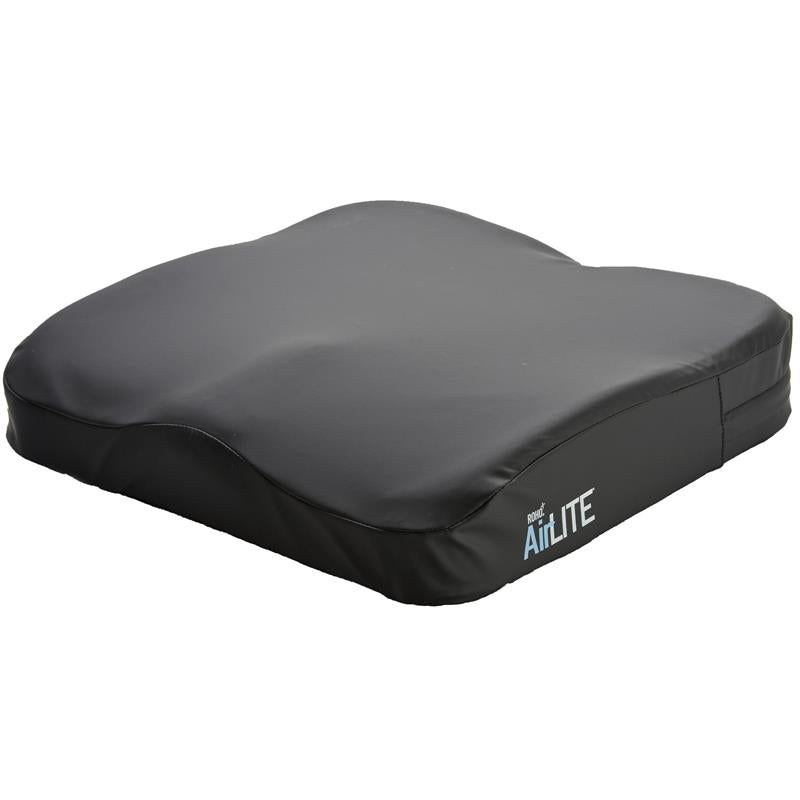 Roho AirLITE Cushion with cover|Diagram shows air cells near coccyx to relieve pressure on sensitive area|Optional Planar Insert can be used just under cover to provide sturdy base|Optional Contour base prevents hammocking on sling seats|Privacy Shield is optional and washable