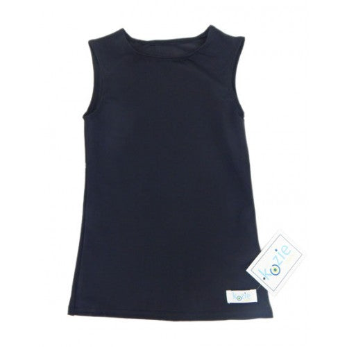 Kozie Clothes Simply Sleeveless Sensory Compression Shirt|Simply Sleeveless Sensory Compression Shirt in Navy|Simply Sleeveless Sensory Compression Shirt in White|Simply Sleeveless Sensory Compression Shirt in Black|Simply Sleeveless Sensory Compression Shirt in Steel Gray|Simply Sleeveless Sensory Compression Shirt in Blush Pink|Little girl wearing Black Simply Sleeveless Sensory Compression Shirt|Kozie Clothes Compression Shirt Size Chart