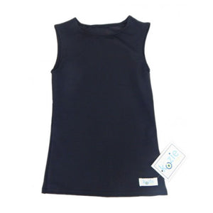 Kozie Clothes Simply Sleeveless Sensory Compression Shirt|Simply Sleeveless Sensory Compression Shirt in Navy|Simply Sleeveless Sensory Compression Shirt in White|Simply Sleeveless Sensory Compression Shirt in Black|Simply Sleeveless Sensory Compression Shirt in Steel Gray|Simply Sleeveless Sensory Compression Shirt in Blush Pink|Little girl wearing Black Simply Sleeveless Sensory Compression Shirt|Kozie Clothes Compression Shirt Size Chart