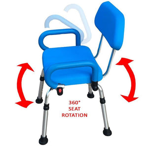 Padding covers back, seat and arms|The Revolution Shower Chair swivels 360 degrees|Padded arms lift independently|Diagram with measurements for The Revolution Shower Chair