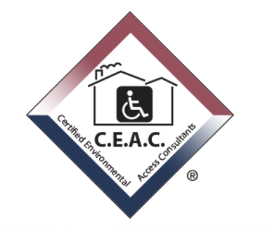A diamond-shaped certification badge with a white center, black wheelchair-in-house icon, and the text 'C.E.A.C' - Certified Environmental Access Consultants.
