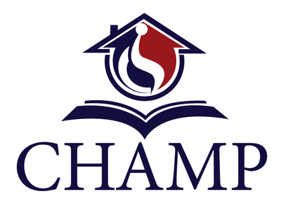 A logo featuring a house-shaped emblem with a stylized white and red abstract figure inside, above an open book, with the word CHAMP in large navy blue letters below on a white background.
