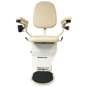 Helix Stair lift is custom made |Stair lift is custom fit to your unique staircase|Plush seat with flip up arms and wide, non-slip footrest|Great for spiral, 90 degree, or 180 degree staircases|Add accessibility to several flights of stairs with the Helix|Several finishes are available for the smooth glide rail|Seat easily folds to create more space on stairways|Curved stair lift can be used indoor or outdoor|Seat folds tight and compact|