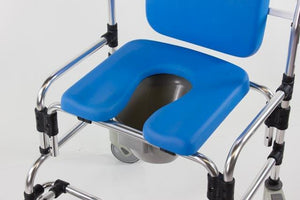 Caspian Mobile Shower Chair by Platinum Health|Armrests lift up for ease of transfers|Footrest flips up for added comfort and convenience|Commode pail comes standard|Lift-up arms make transfers easy|Height adjustable frame|Folding Footrests standing access to the chair|Diagram and measurements for Caspian Mobile Shower Chair