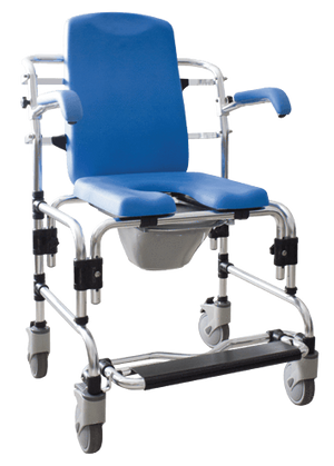 Caspian Mobile Shower Chair by Platinum Health|Armrests lift up for ease of transfers|Footrest flips up for added comfort and convenience|Commode pail comes standard|Lift-up arms make transfers easy|Height adjustable frame|Folding Footrests standing access to the chair|Diagram and measurements for Caspian Mobile Shower Chair