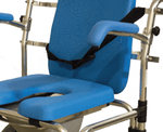 Caspian Mobile Shower Chair by Platinum Health|Armrests lift up for ease of transfers|Footrest flips up for added comfort and convenience|Commode pail comes standard|Lift-up arms make transfers easy|Height adjustable frame|Folding Footrests standing access to the chair|Diagram and measurements for Caspian Mobile Shower Chair