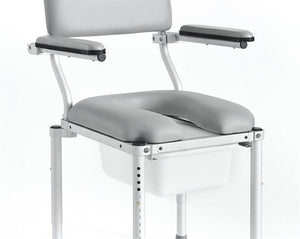 Folding Rolling Shower Chairand Commode by Nuprodx|8" Wide Commode Opening 4" Slot|Optional Swing-Away Arms|2 Part Solid Cushion|Carrying Case with Casters|18"x10"x10" Standard Carrying Case|Optional B Drop Rail|Commode Pan is an optional accessory|Commode Pan Lowering Brackets|Calf Panel|Nuprodx Laterals|Nuprodx Hip Guides|BodyPoint Hip Belt
